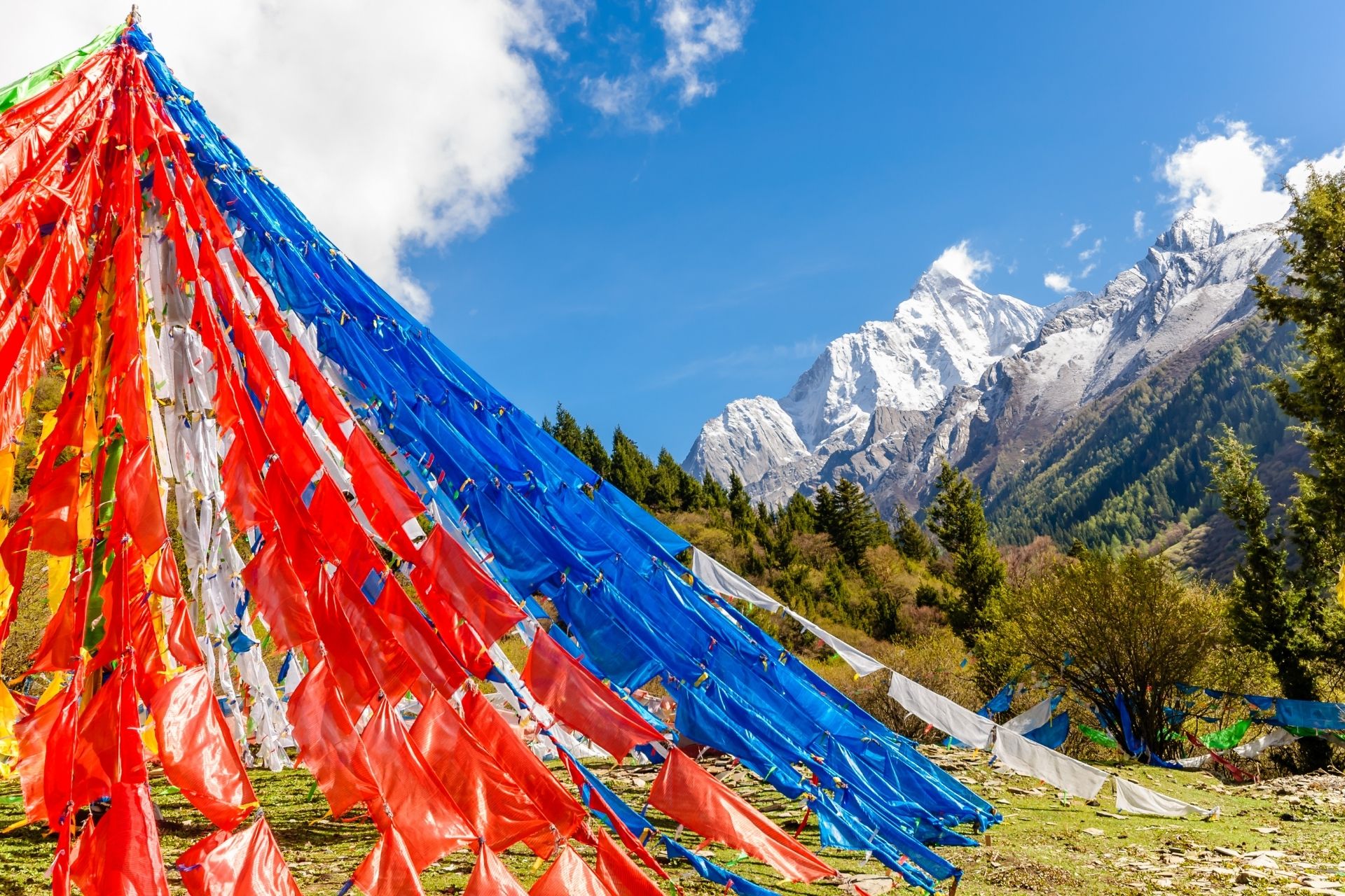 Prayer Flags before Siguniang mountain in Sichuan Province